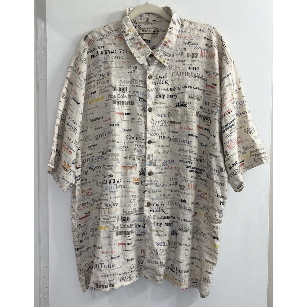Bohio Mens 2X Linen Cocktail Drink Print Short Sleeve Button Down Shirt Beige